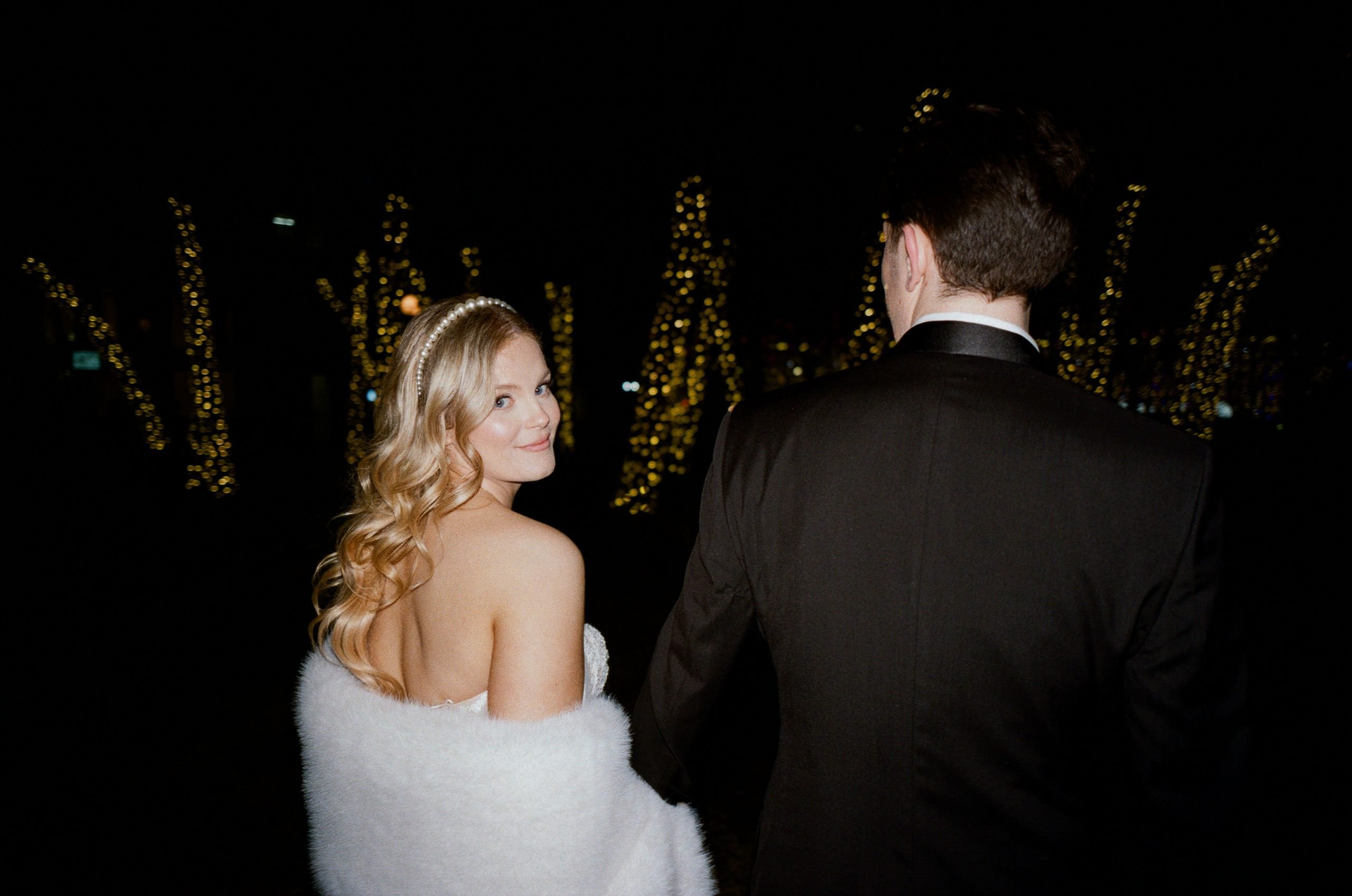 night shots around Yorkville of bride and groom, flash and on film